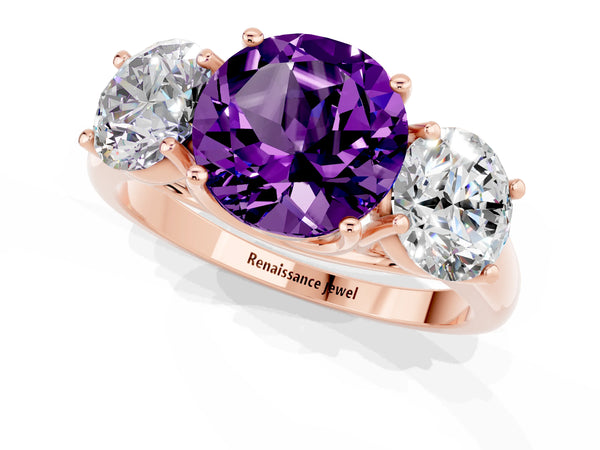 Rose gold Three-Stone Round Cut Amethyst Engagement Ring with Prong Setting