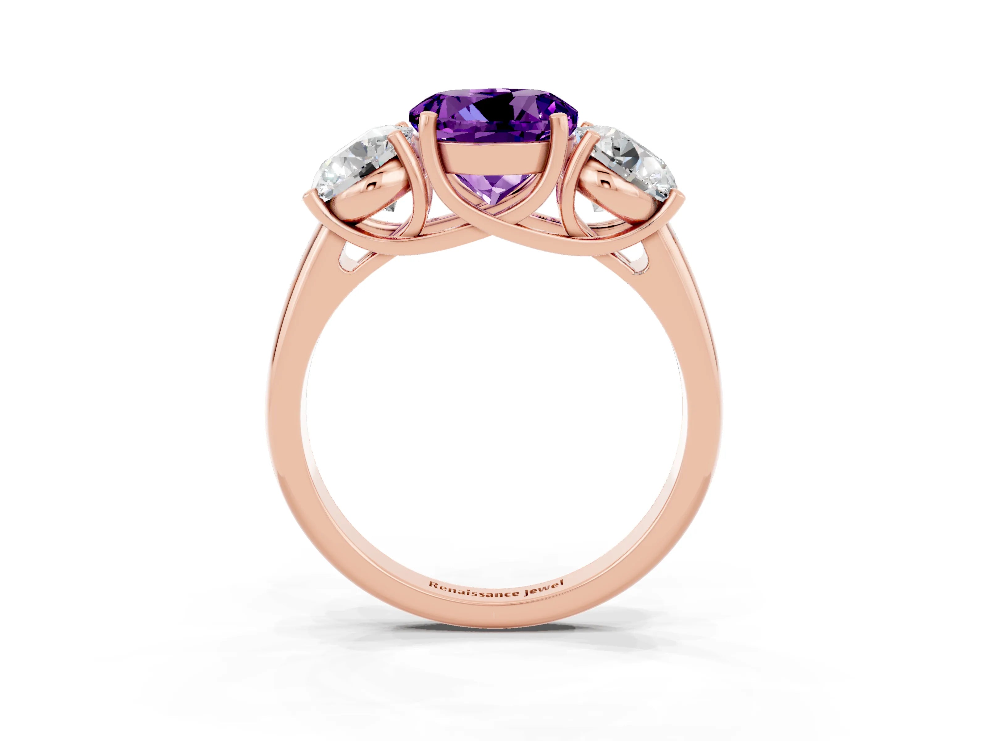 Rose gold Three-Stone Round Cut Amethyst Engagement Ring with Prong Setting_3