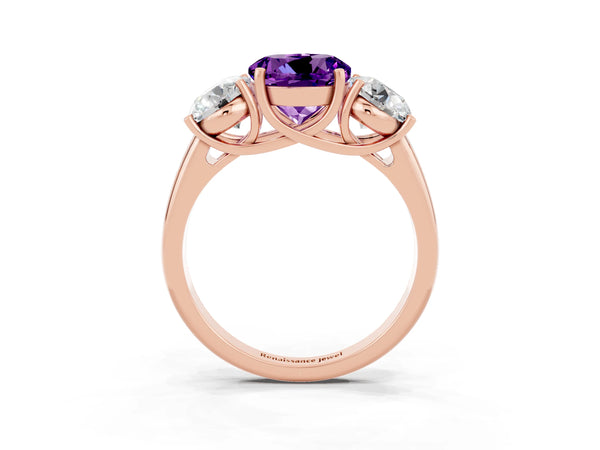 Rose gold Three-Stone Round Cut Amethyst Engagement Ring with Prong Setting