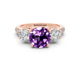 Rose gold Three-Stone Round Cut Amethyst Pavé Band with Four-Prong Setting