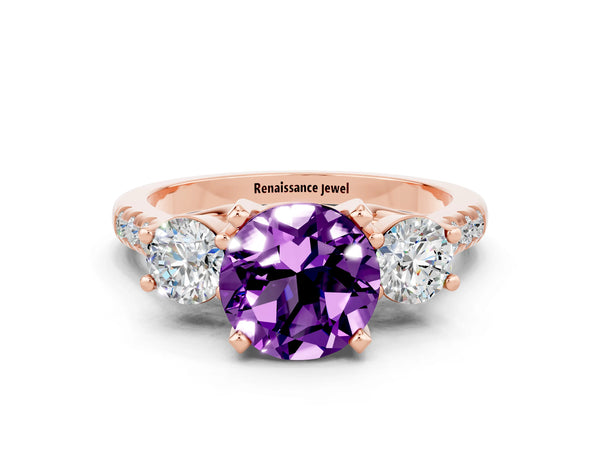 Rose gold Three-Stone Round Cut Amethyst Pavé Band with Four-Prong Setting