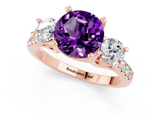 Rose gold Three-Stone Round Cut Amethyst Pavé Band with Four-Prong Setting