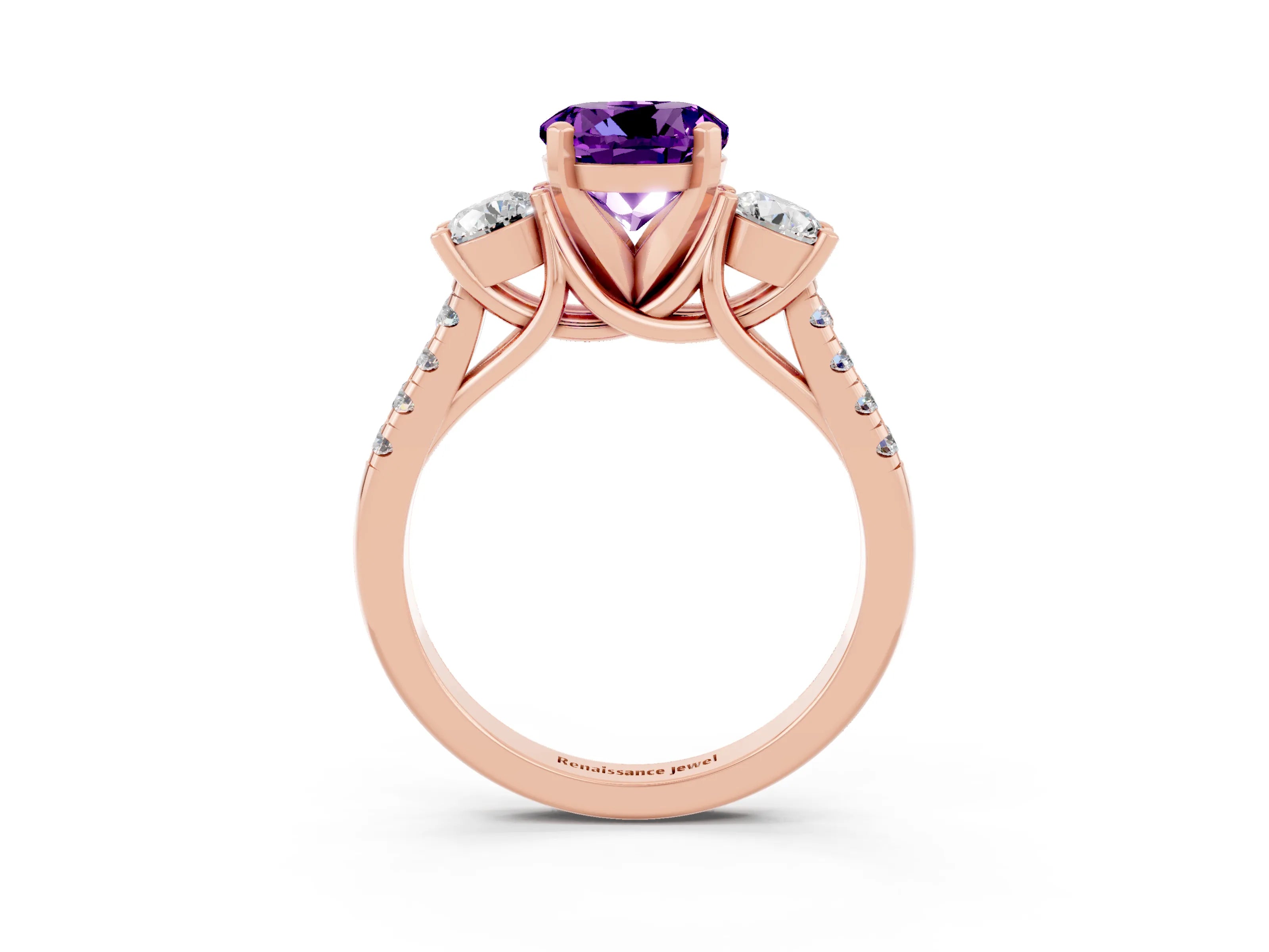 Rose gold Three-Stone Round Cut Amethyst Pavé Band with Four-Prong Setting_3