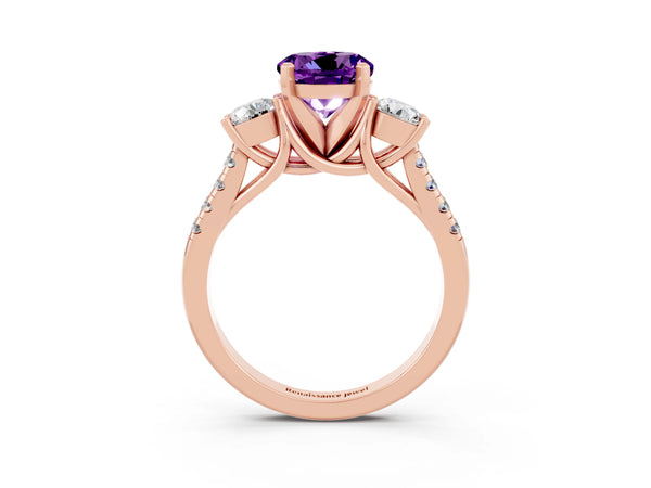 Rose gold Three-Stone Round Cut Amethyst Pavé Band with Four-Prong Setting