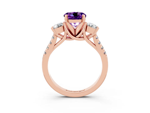 Rose gold Three-Stone Round Cut Amethyst Pavé Band with Four-Prong Setting_3
