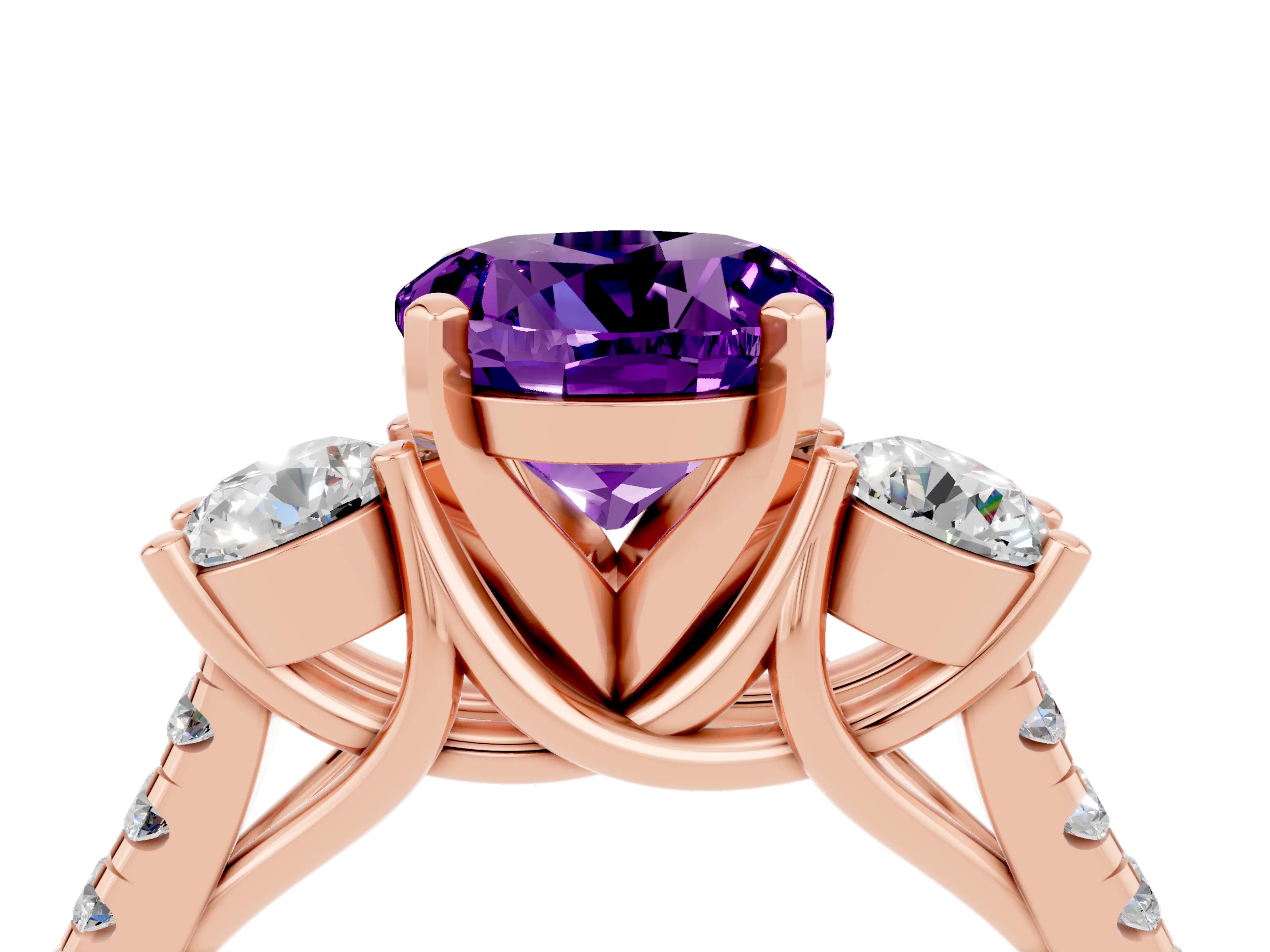 Rose gold Three-Stone Round Cut Amethyst Pavé Band with Four-Prong Setting_4