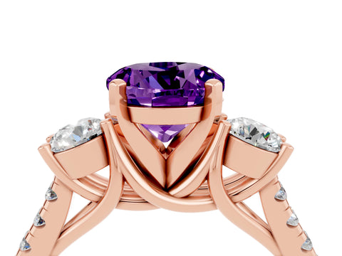 Rose gold Three-Stone Round Cut Amethyst Pavé Band with Four-Prong Setting_4