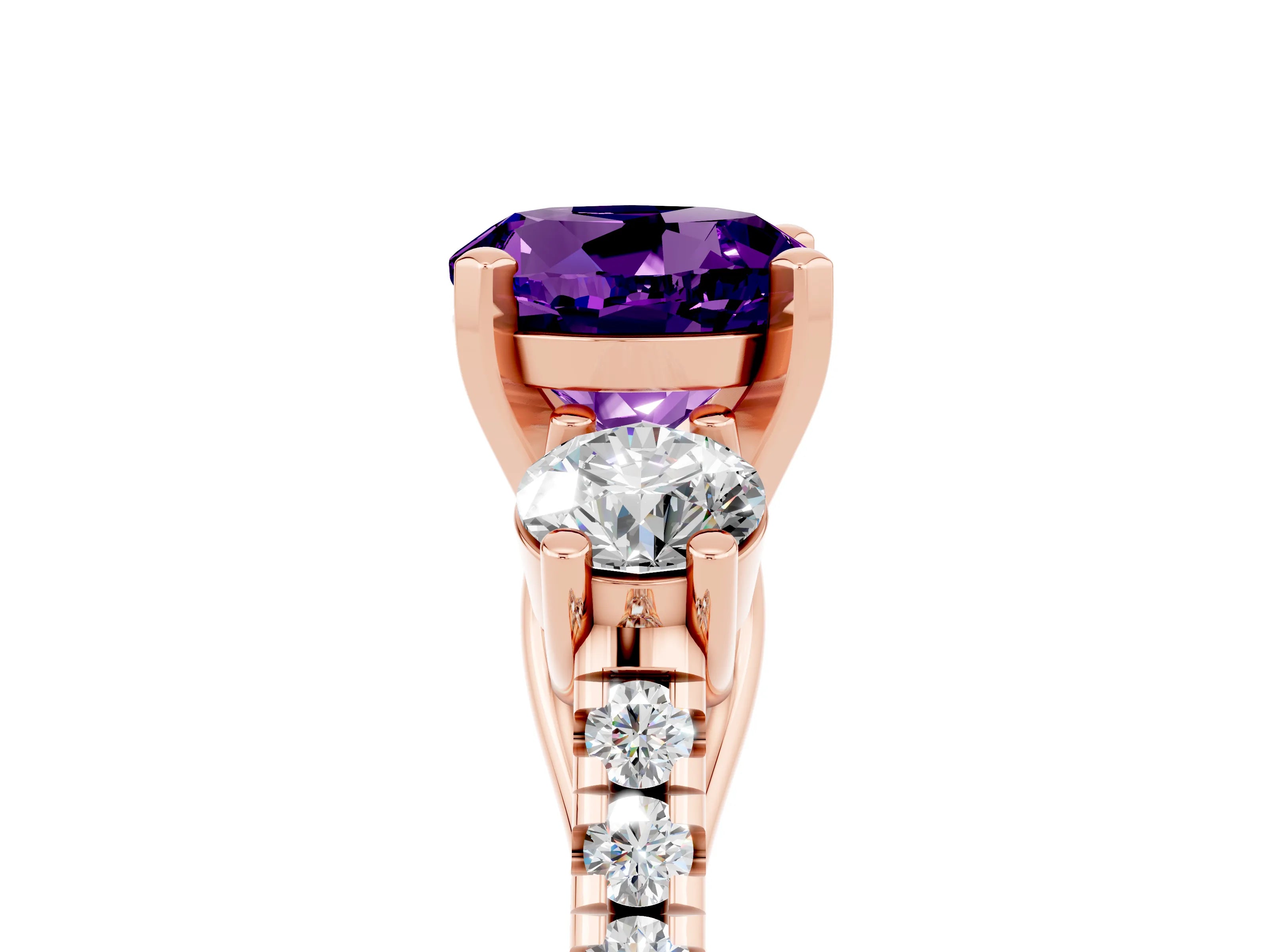 Rose gold Three-Stone Round Cut Amethyst Pavé Band with Four-Prong Setting_5