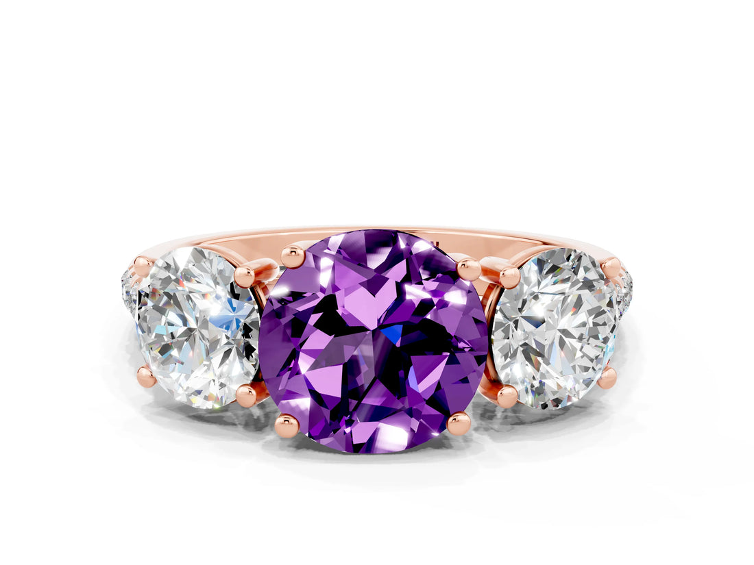 Rose gold Three-Stone Round Cut Amethyst Ring with Pavé Band and Prong Setting_12
