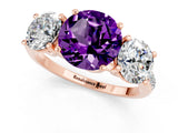 Rose gold Three-Stone Round Cut Amethyst Ring with Pavé Band and Prong Setting_13