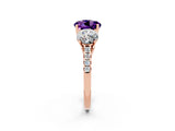 Rose gold Three-Stone Round Cut Amethyst Ring with Pavé Band and Prong Setting_14