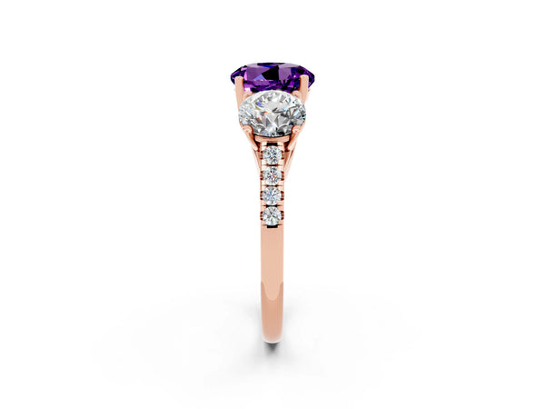 Rose gold Three-Stone Round Cut Amethyst Ring with Round  Pavé Band and Prong Setting