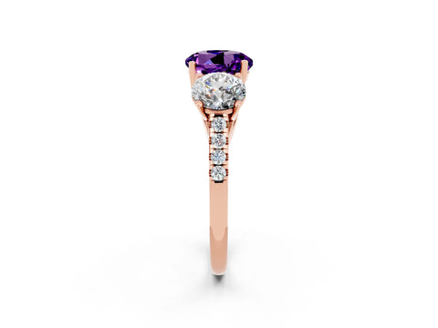 Rose gold Three-Stone Round Cut Amethyst Ring with Pavé Band and Prong Setting_14