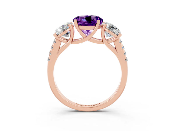 Rose gold Three-Stone Round Cut Amethyst Ring with Round  Pavé Band and Prong Setting