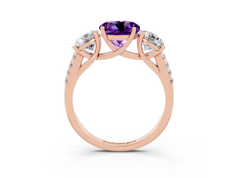 Rose gold Three-Stone Round Cut Amethyst Ring with Pavé Band and Prong Setting_15