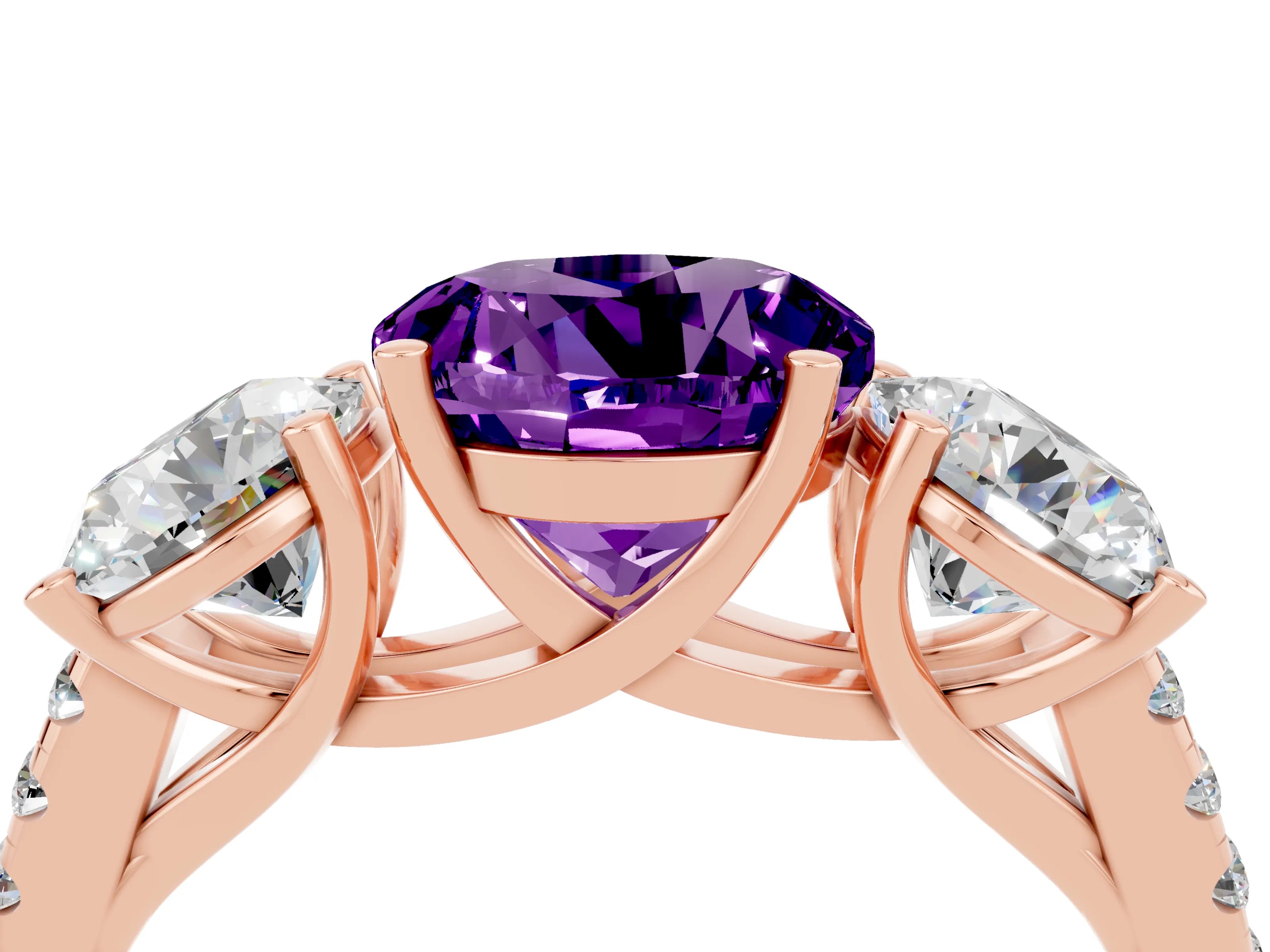 Rose gold Three-Stone Round Cut Amethyst Ring with Pavé Band and Prong Setting_16