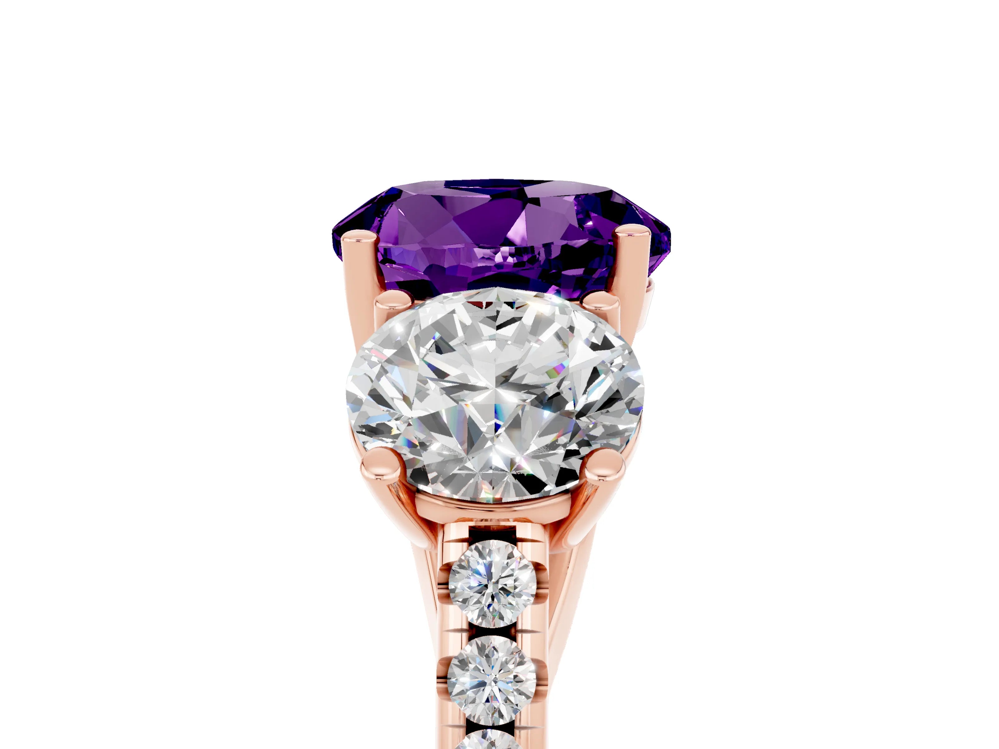Rose gold Three-Stone Round Cut Amethyst Ring with Pavé Band and Prong Setting_17