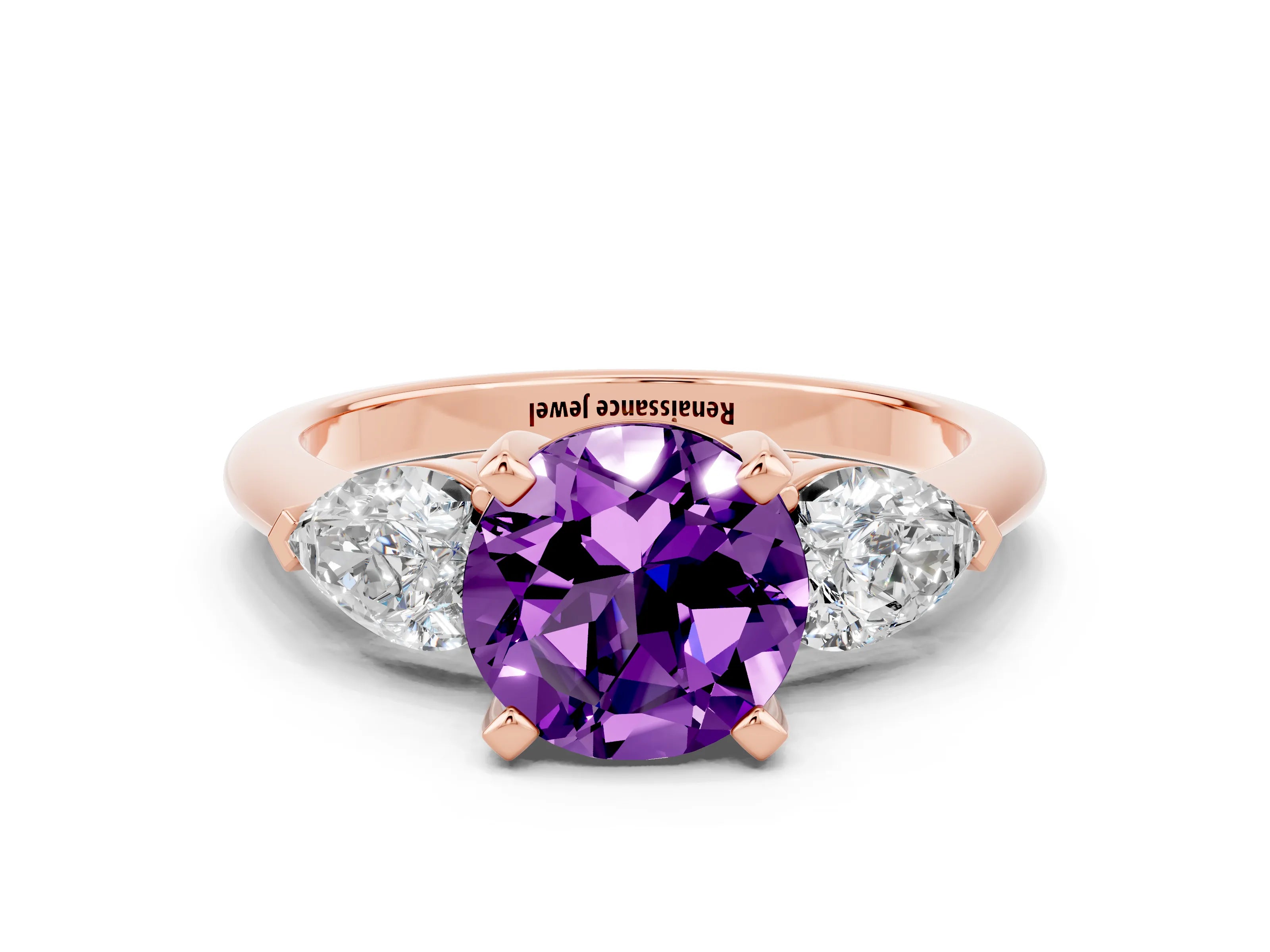 Rose gold Three-Stone Round Cut Amethyst Ring with Pear Side Stones and Four-Prong Setting