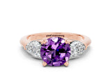 Rose gold Three-Stone Round Cut Amethyst Ring with Pear Side Stones and Four-Prong Setting