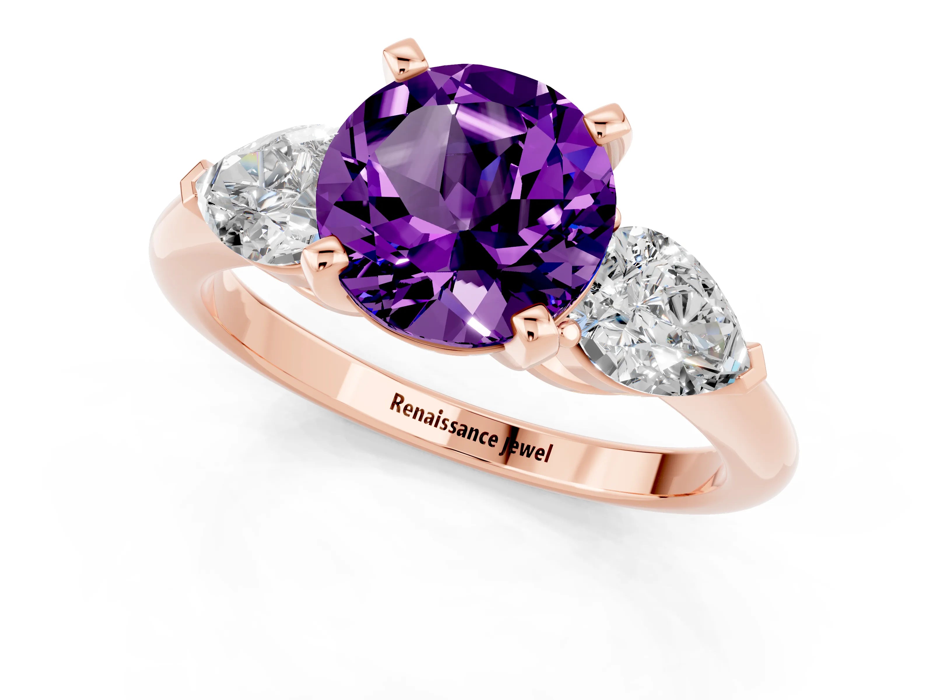 Rose gold Three-Stone Round Cut Amethyst Ring with Pear Side Stones and Four-Prong Setting_1