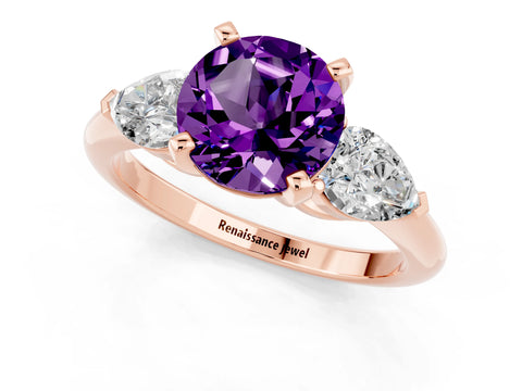 Rose gold Three-Stone Round Cut Amethyst Ring with Pear Side Stones and Four-Prong Setting_1