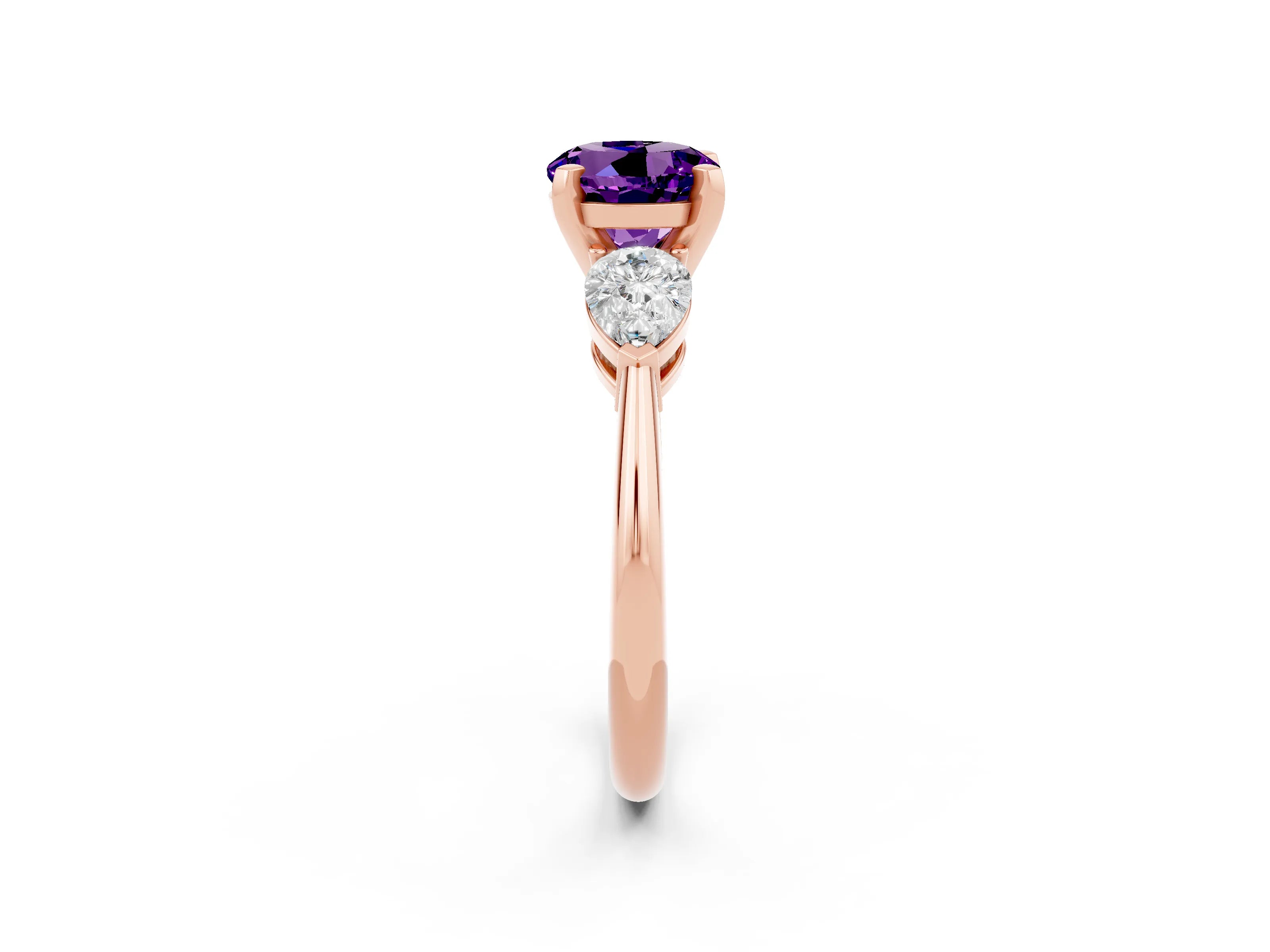 Rose gold Three-Stone Round Cut Amethyst Ring with Pear Side Stones and Four-Prong Setting_2