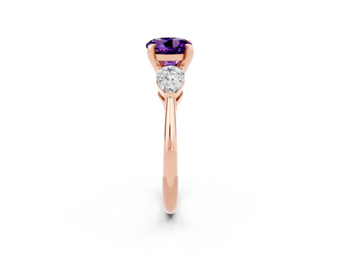 Rose gold Three-Stone Round Cut Amethyst Ring with Pear Side Stones and Four-Prong Setting_2