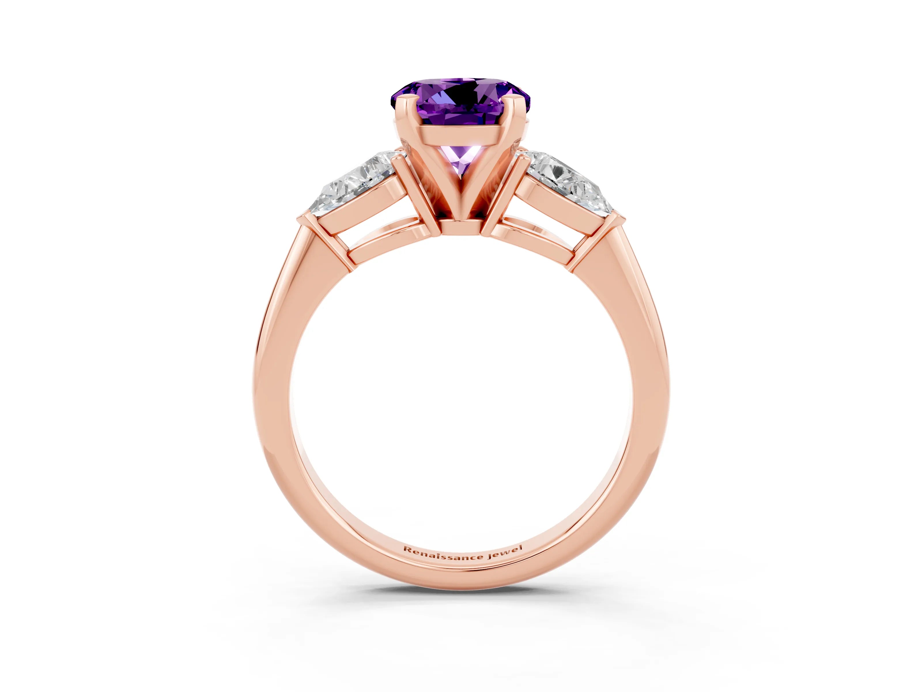Rose gold Three-Stone Round Cut Amethyst Ring with Pear Side Stones and Four-Prong Setting_3