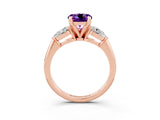 Rose gold Three-Stone Round Cut Amethyst Ring with Pear Side Stones and Four-Prong Setting_3