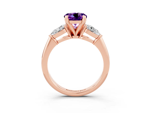 Rose gold Three-Stone Round Cut Amethyst Ring with Pear Side Stones and Four-Prong Setting