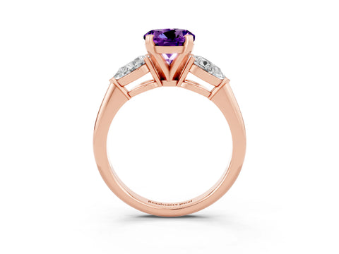 Rose gold Three-Stone Round Cut Amethyst Ring with Pear Side Stones and Four-Prong Setting_3