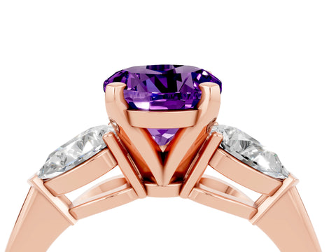 Rose gold Three-Stone Round Cut Amethyst Ring with Pear Side Stones and Four-Prong Setting_4