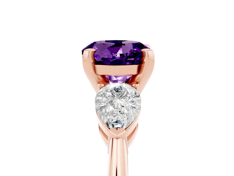 Rose gold Three-Stone Round Cut Amethyst Ring with Pear Side Stones and Four-Prong Setting_5