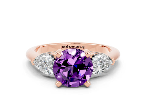 Rose gold Three-Stone Round Cut Amethyst Ring with Pear Side Stones and Four-Prong Setting