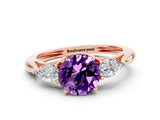 Rose gold Three-Stone Round Cut Amethyst Ring with Pear  Side Stones in Four-Prong Setting_12