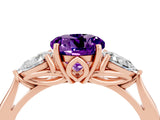 Rose gold Three-Stone Round Cut Amethyst Ring with Pear  Side Stones in Four-Prong Setting_16