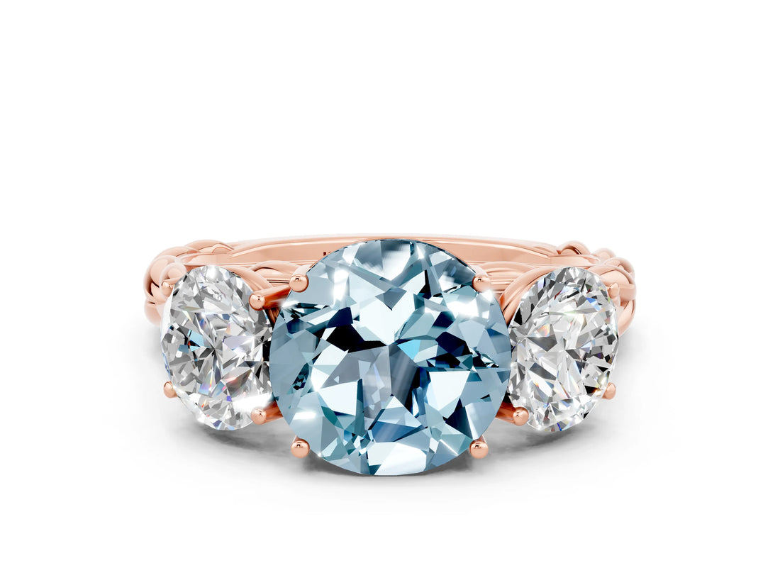Rose gold Three-Stone Round Cut Aquamarine Braided Band Ring with Four-Prong Setting_12