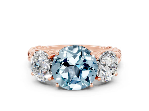 Rose gold Three-Stone Round Cut Aquamarine Braided Band Ring with Four-Prong Setting