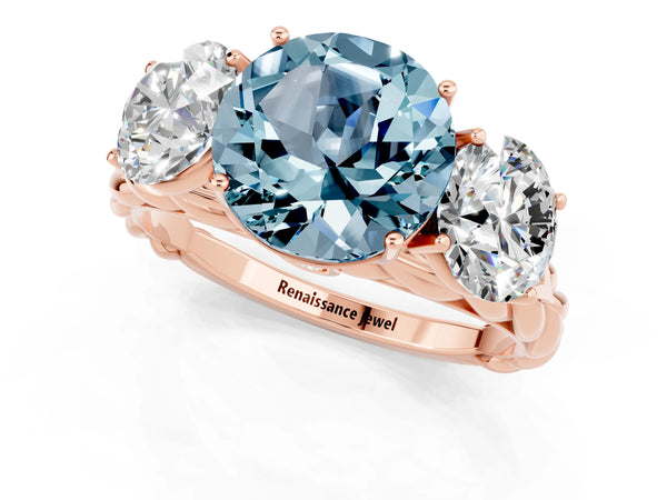 Rose gold Three-Stone Round Cut Aquamarine Braided Band Ring with Four-Prong Setting