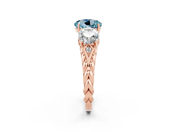 Rose gold Three-Stone Round Cut Aquamarine Braided Band Ring with Four-Prong Setting