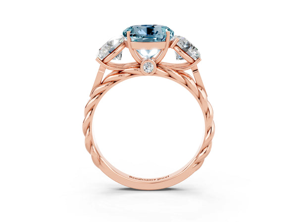 Rose gold Three-Stone Round Cut Aquamarine Braided Band Ring with Four-Prong Setting