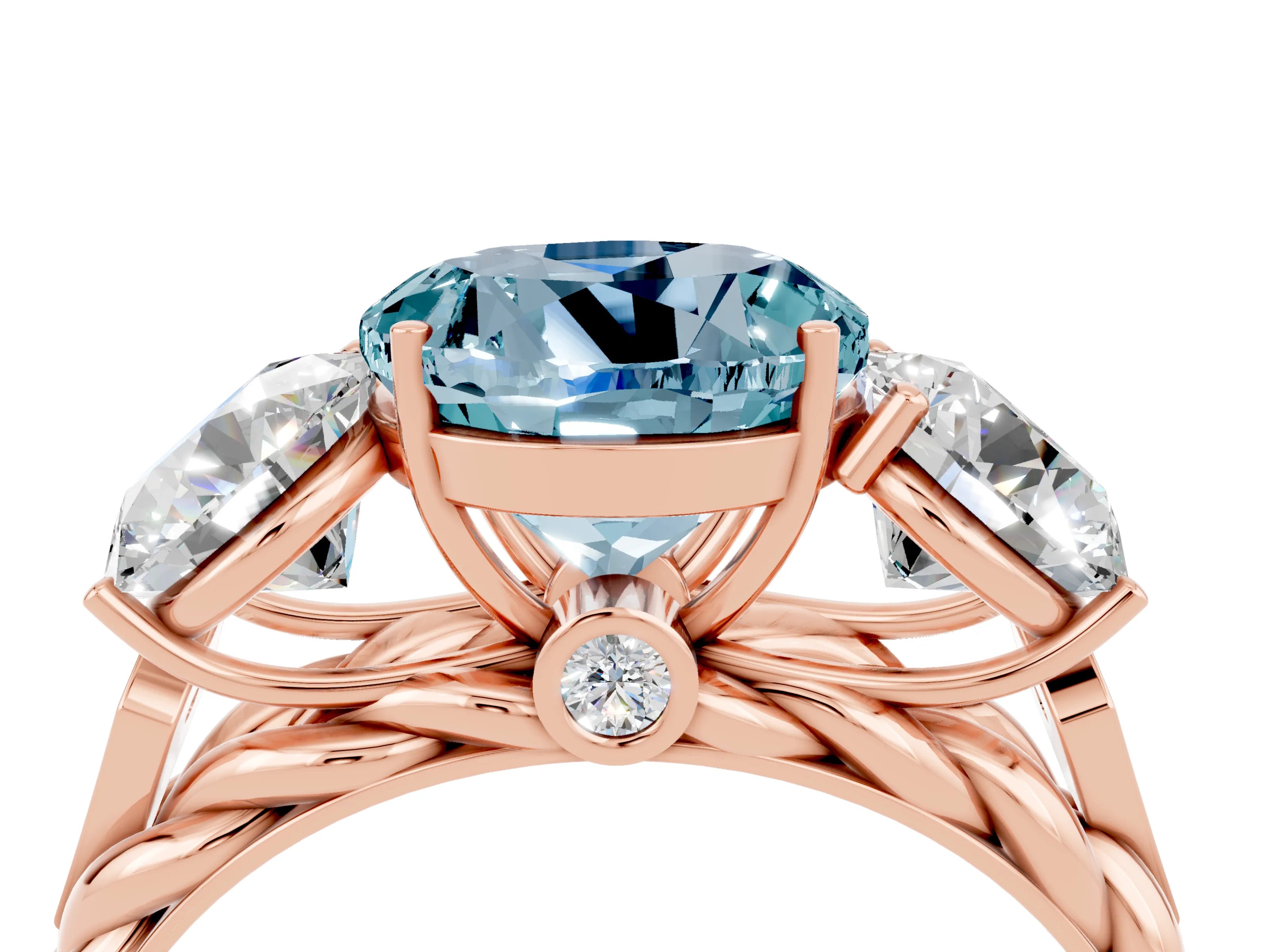 Rose gold Three-Stone Round Cut Aquamarine Braided Band Ring with Four-Prong Setting_16