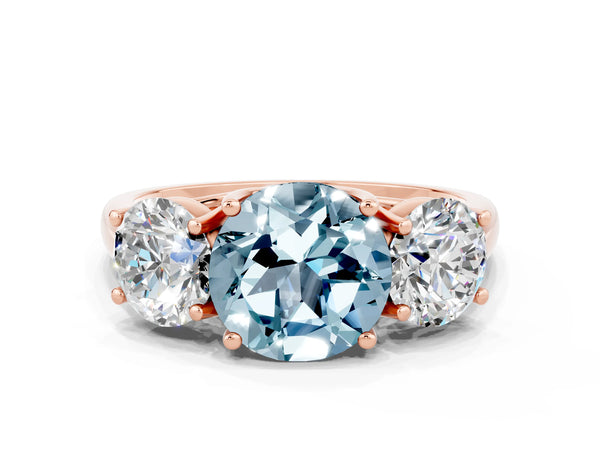 Rose gold Three-Stone Round Cut Aquamarine Engagement Ring with Prong Setting