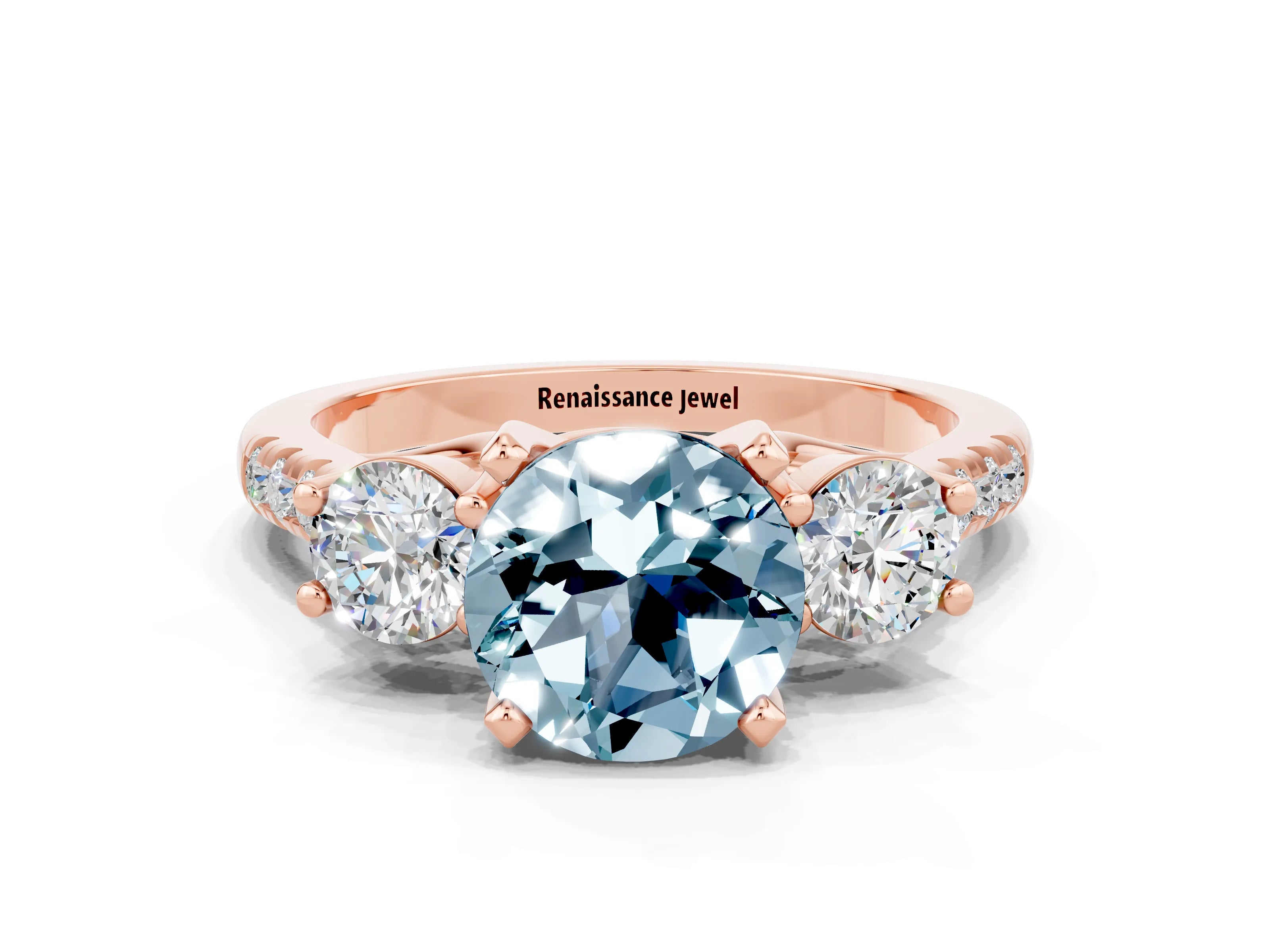 Rose gold Three-Stone Round Cut Aquamarine Pavé Band with Four-Prong Setting