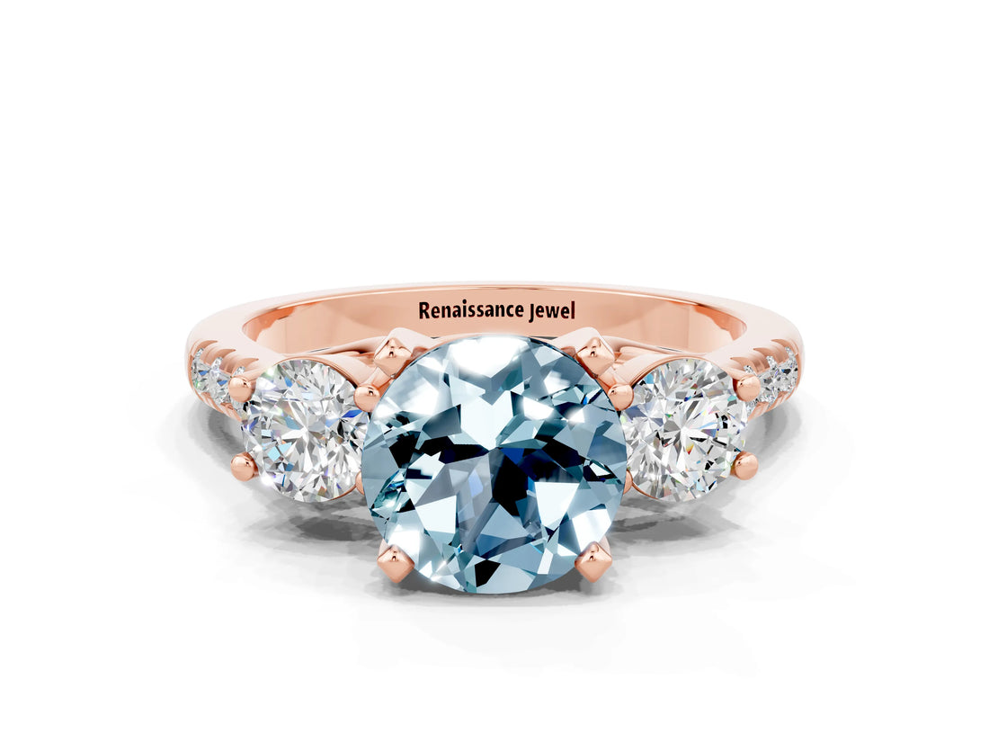 Rose gold Three-Stone Round Cut Aquamarine Pavé Band with Four-Prong Setting