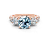 Rose gold Three-Stone Round Cut Aquamarine Pavé Band with Four-Prong Setting