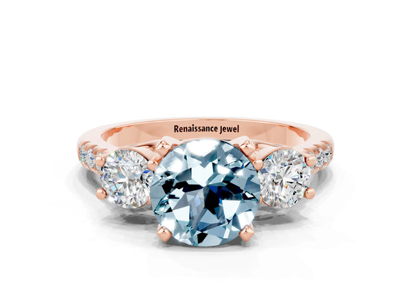 Rose gold Three-Stone Round Cut Aquamarine Pavé Band with Four-Prong Setting
