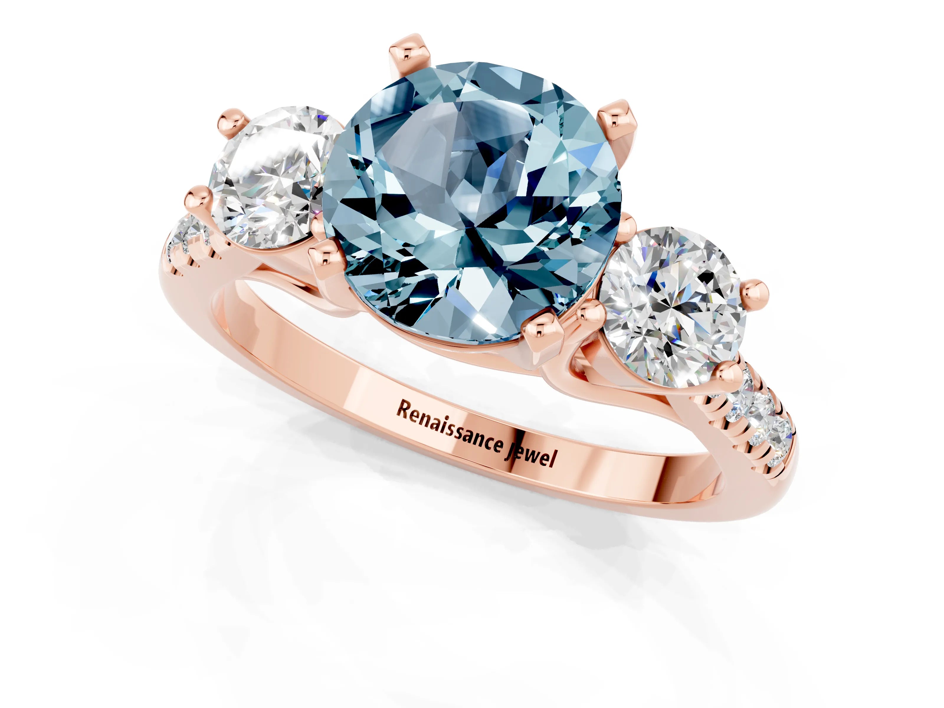 Rose gold Three-Stone Round Cut Aquamarine Pavé Band with Four-Prong Setting_1