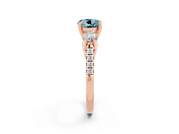 Rose gold Three-Stone Round Cut Aquamarine Pavé Band with Four-Prong Setting