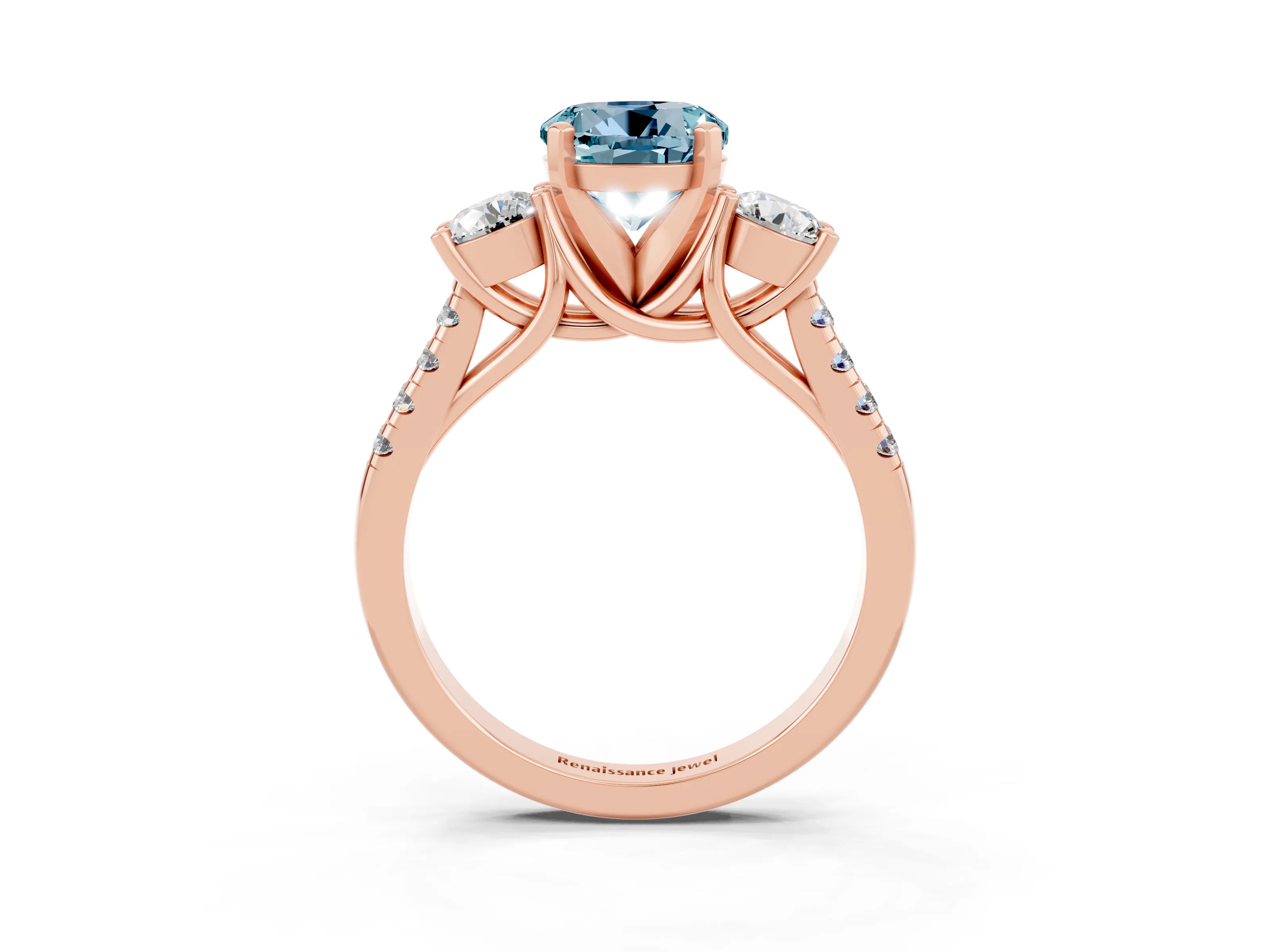 Rose gold Three-Stone Round Cut Aquamarine Pavé Band with Four-Prong Setting_3